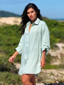 Plain Chemise Shirt Beach Cover-Up - Light Green - View 1
