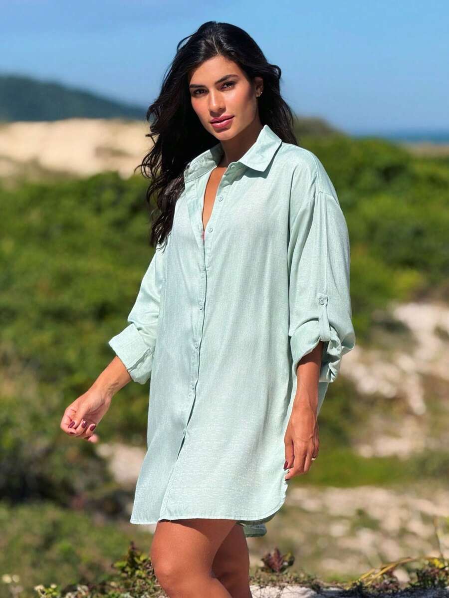 Plain Chemise Shirt Beach Cover-Up - Light Green - View 1