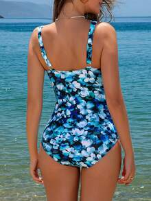 Women's Fashion Floral Print Ruffle Waist One-Piece Swimsuit, Slimming Beach Vacation Swimwear