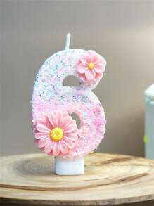 1 Pc Shiny Pink Number Candle With Floral Accents - Sparkling Birthday Cake Decoration For Party And Celebration, Long-Lasting Wax, Indoor Use, Suitable For Festive Gatherings And Birthdays