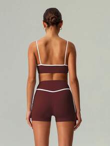春夏两件套女式瑜伽跑步运动文胸和短裤运动服 - 中紫紅色 - 查看 7