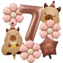 7pcs 40inch Caramel Chocolate Foil Number Capybara Theme Balloon Daisy Flowers Birthday Party Decoration