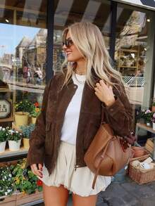 Damen Bomberjacke mit langen weiten Ärmeln, Reißverschluss, Vintage Wildleder Jacke, Mantel, Damen neue Mode Jacken Oberbekleidung - Braun - Übersicht 2