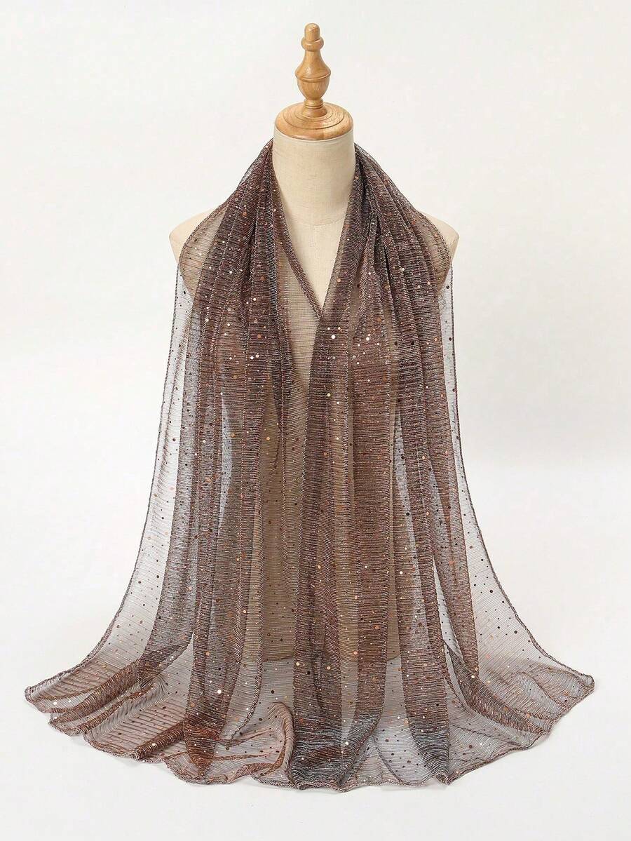 1条透明金属丝亮片装饰围巾，轻盈纯色时尚披肩，女士连衣裙配饰 - 棕色 - 查看 1