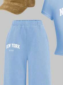 Tween Girls' Casual American Letter Print T-Shirt And Pants Set, Summer - Blue - View 4