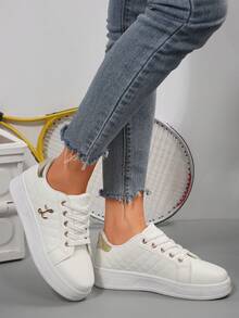 休闲女士户外运动鞋，圆头系带时尚百搭休闲鞋，春夏 - 白色 - 查看 2