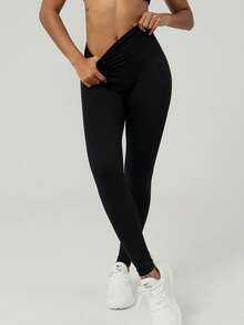 GOSOUER 女士高腰无前缝后深V臀线跑步户外运动普拉提瑜伽紧身裤 - 黑色 - 查看 4