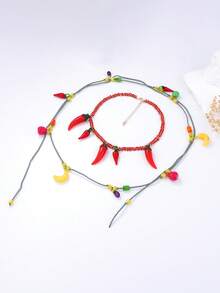 1 件海洋休闲夸张红链辣椒吊坠和多层水果吊坠项链女士 - 多層項鍊 - 查看 3