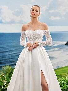 Elasola Lace Luxurious Romantic Elegant Ethereal White Wedding Dress Royal Wedding Dress Intimate Wedding Dress Church Wedding Dress Wedding Dress With Train Beach Wedding Dress Garden Wedding Dress Hotel Wedding Dress - White - View 5