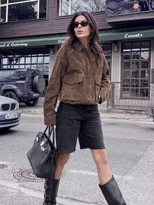 Damen Bomberjacke mit langen weiten Ärmeln, Reißverschluss, Vintage Wildleder Jacke, Mantel, Damen neue Mode Jacken Oberbekleidung - Braun - Übersicht 4