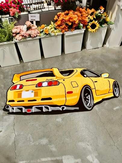 1pc Racing Car Decorative Carpet, Made Of Faux Fleece Material With Orange Race Car Pattern And Spoiler, 2.65 Lbs/Sqm, 10mm Thick, Suitable For Corridors, Kitchens, Entryways, Bedroom Decor, Room Decor, Small Rugs, Blankets
