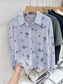 YUXIN Elegant Ditsy Floral Blouse, Lightweight Breathable Women's Shirt For Spring, Summer & Autumn - Lake Blue - View 6