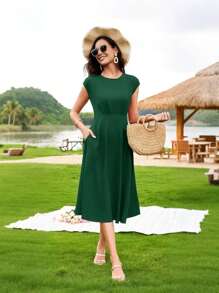 Vestidos de cóctel elegantes para mujer, vestidos de fiesta vintage de corte A, vestidos de noche midi de manga corta con bolsillos.