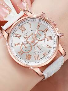 2pcs/Set Women's Casual Round Dial Quartz Watch With PU Leather Strap And Bracelet, Gift For Mom
