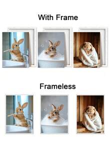 Set Of 3 Cute Rabbit Poster, Bathroom Fun Modern Artwork, Bubble Bath Canvas Print Wall Arts, Cozy Towel Posters, Mirror Reflection Wall Decor, Playful Pet Wall Arts, Poster, Room Aesthetic, Ideal Gift, Optional Framed ,Wall Art With Frame