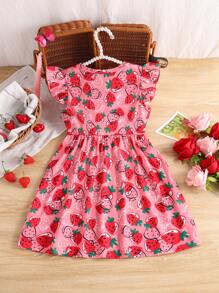 1pc Young Girl Countryside Strawberry Print Cap Sleeve Dress, Spring/Summer