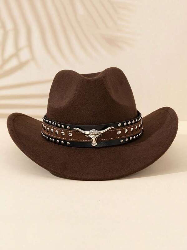 Western Cowboy Hat,Cowboy, Hats For Women, Men's Hat, With Detachable Silver Bull Head Belt Decoration, Suitable For Daily Casual Wear, Daily And Holiday, Western Cowboy Parties,