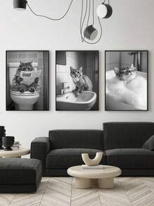 Set Of 3 Bathroom Scene Poster, Cat Newspaper Canvas Print Wall Arts, Reading Cat Poster, Sink Splash Art Prints, Relaxing Cat Wall Arts, Bubble Bath Bulk Modern Artwork, Wall Arts, Room Aesthetic, Posters, Ideal Gift, Optional Framed ,Wall Art With Frame
