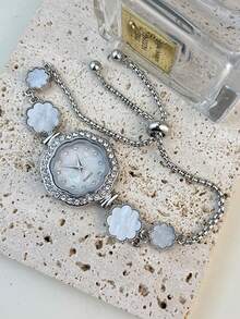 1pc Women's Gold-Tone Alloy Fully Paved Crystal Heart Shaped Case Arabic Numeral Dial Quartz Watch With Adjustable Drawstring, Suitable For Daily Matching, Birthday, Women's Gift, Anniversary, Year-End Promotion, Singles' Day, Halloween Promotion, Etc. (No Gift Box) - Silver - View 4