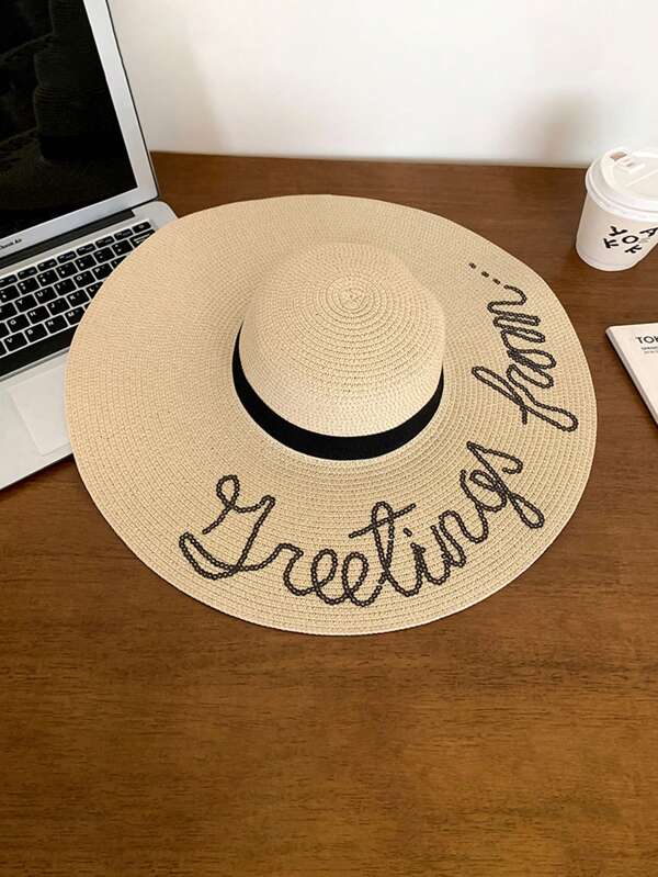 1 Pc Women Plain Straw Hat, New Summer Letter Decor Fashion Versatile Casual Simple Matching, Large Brim Suitable For Daily Leisure Use