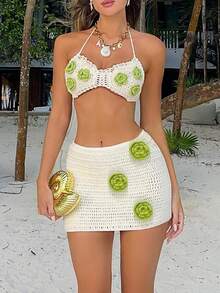 Y2K性感波西米亚风撞色镂空手工刺绣花卉吊带针织比基尼上衣搭配低腰修身钩针迷你裙两件套，夏季沙滩度假女装 - 白色 - 查看 5