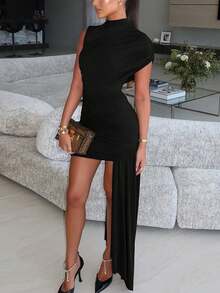 Damen Sommer ärmelloses Patchwork gerafftes figurbetont Mini Kleid sexy elegant Party Kurz Kleid Abendkleidung - Schwarz - Übersicht 2