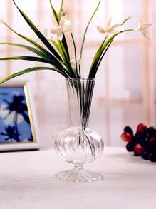 1pc Retro Striped Glass Vase, Simple Clear Glass Flower Vase With Flower Bud Decor, Home Desktop Decoration Flower Arrangement Vase Ornament For Flower Care,Room Decor Home Decor Bedroom Decor Bathroom Decor Wedding Living Room Decor Room Decoration Stuff Wedding Decor