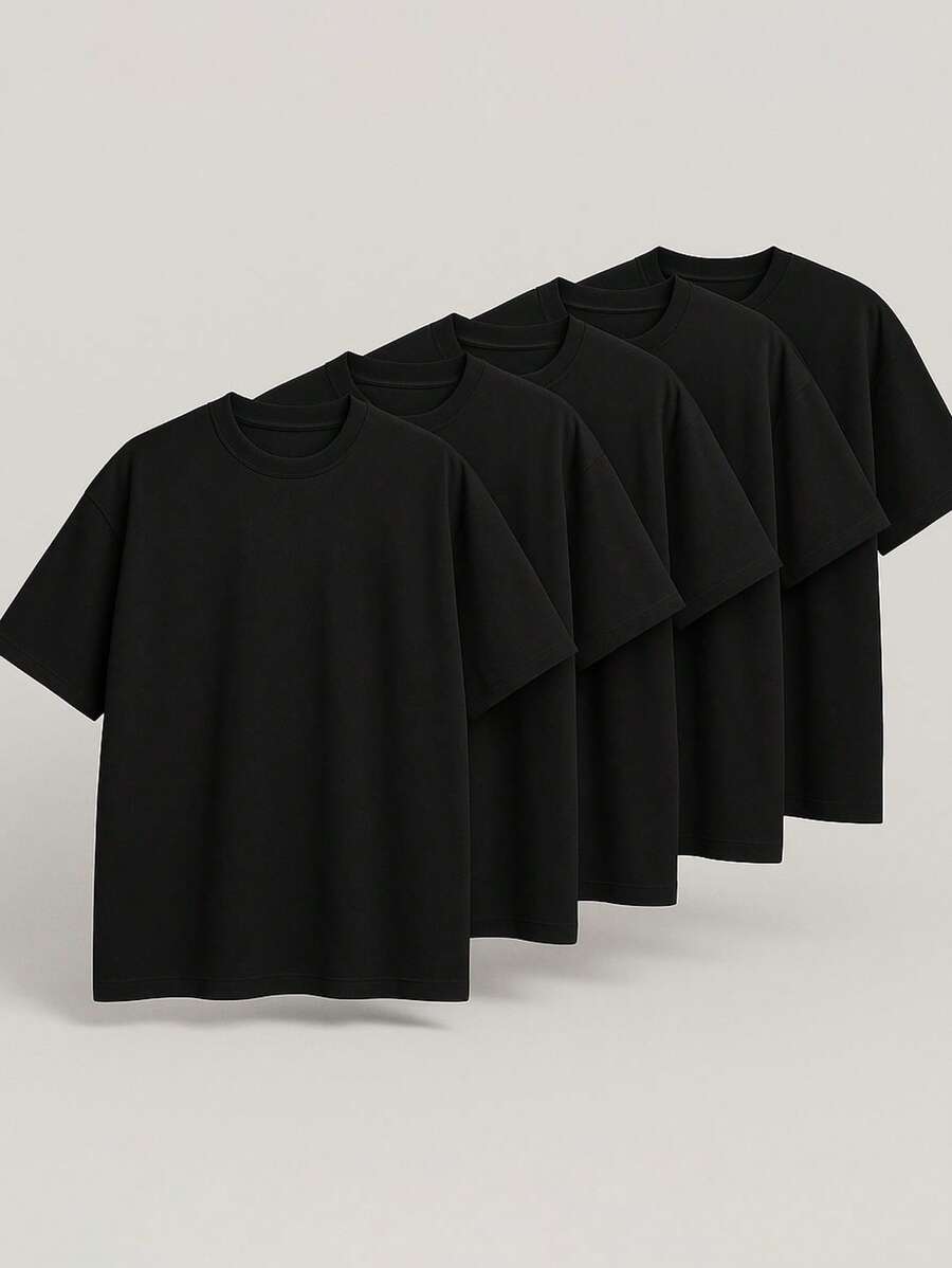 Kit Of 5 Men's Oversized T-Shirts, Plain, Cotton Fabric, High Neck, Many Colors