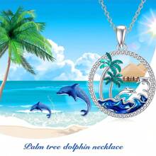 Summer Ocean Palm Tree Hollow Design Necklace & Earring Jewelry Set, Palm Tree, Sea Wave, Mother-Child Dolphin Pendant Necklace, Gift For Women, Girlfriend, Mom