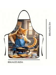 1pc Playful Orange Cat Chef Apron With Blue Pockets - Fun Kitchen Design, Polyester Fabric, Adorable Cooking Cat Illustration, Perfect For Home Or Cafe Use, Cat Apron - Multicolor - View 4