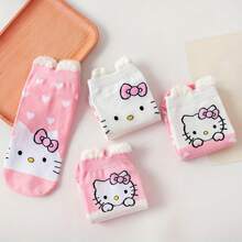 Sanrio 1Pair Sanrio Short Socks Featuring Hello Kitty In A Striped Heart Design, Perfect For Spring And Summer, Cute And Versatile For Casual Wear.