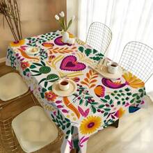 1pc Vibrant Mexican Style Floral Tablecloth, Colorful Sunflower & Heart Design Washable Stain Resistant Decorative Dining Table Cover, Suitable For Home, Living Room, Dining Room, Office, Kitchen, Picnic Or Home Decor