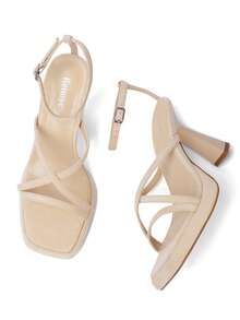 Elegant Platform High Heel Sandals For Women Summer Square Toe Chunky Heel,  Fashion Ankle Strap Beige Heels Soft Leather Comfortable Versatile High Heels, Increase Height & Leg Length, Solid Color Casual Comfortable Women Shoes For Party Wedding Date - 絨面米色 - 查看 11