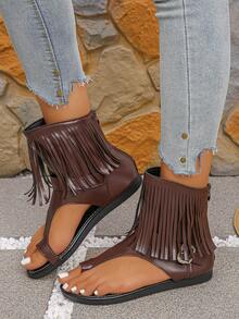The 2025 Summer New Style Of Fashionable And Comfortable Soft-Soled Flat-Bottomed Toe Toe Brown Tassel Short Ankle Metal Buckle Beach Casual Versatile Hollow Breathable Back Zipper Women's Ankle Boots - Brown - View 4