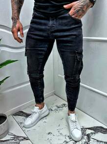 Jeans negros lavados de corte skinny y elástico de unicolor para hombre