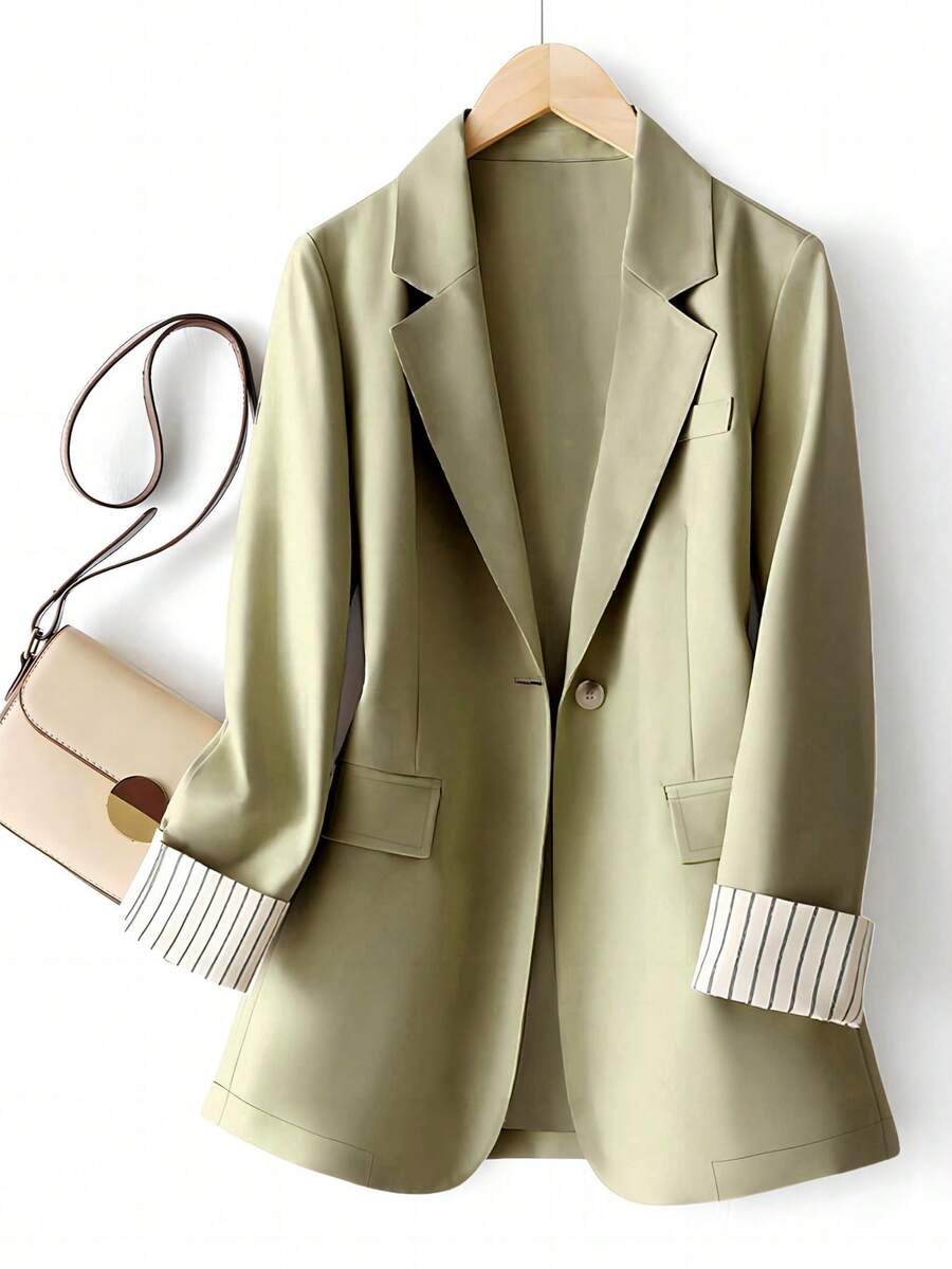 Women's Sleeve Stripe Patchwork Single-Button Regular Blazer - Army Green - View 1