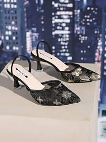 2025秋冬新款中国风白色高跟拖鞋，女士尖头蕾丝刺绣穆勒鞋，优雅，女士高跟鞋，优雅，派对装扮