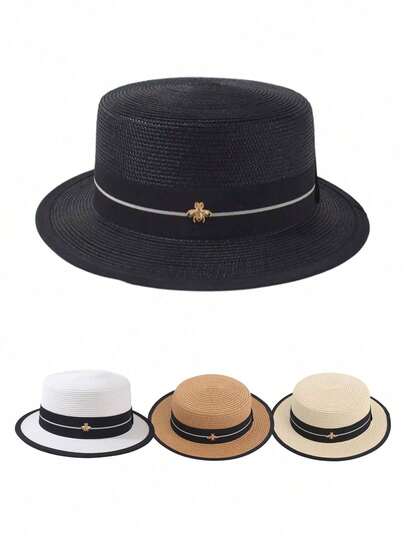 1 sombrero de paja de unicolor para mujer, estilo callejero elegante vintage bohemio, adecuado para verano, playa, vacaciones, protección solar, ala ancha, parte superior plana, apto para salir diario y compras