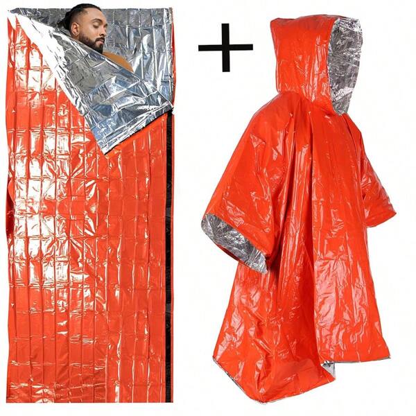 2pcs Emergency Sleeping Bag Set - Includes 1pc Aluminum Foil Lining Emergency Raincoat And 1pc Emergency Sleeping Bag, Portable Blanket Survival Gear, Warm Camping Bag, Essential Outdoor Hiking Travel Equipment