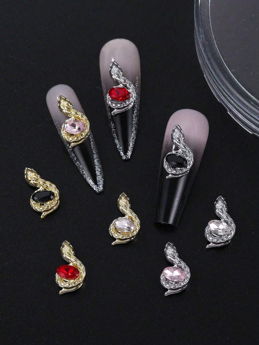 10 件小蛇美甲饰品钻石镶嵌金属蛇形美甲用品个性化美甲 3D 红黑色美甲宝石适合 DIY 美甲沙龙和个人使用 - 彩色 - 查看 1