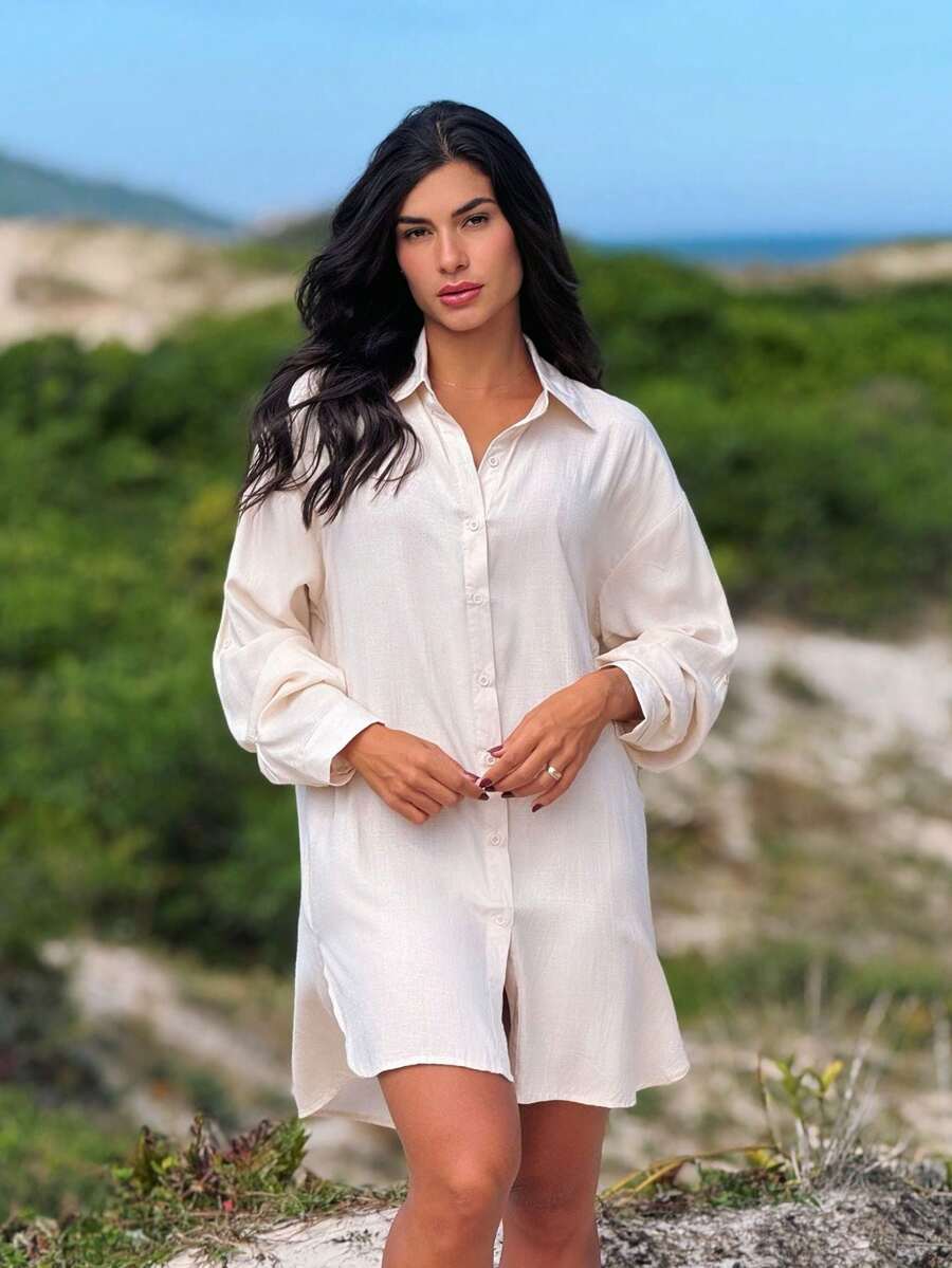 Plain Chemise Shirt Beach Cover-Up - Beige - View 1