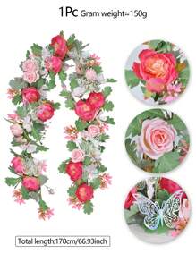 1PC/4PCS Artificial Rose Vine False Wreath Peony Rose Butterfly Hanging Vine Suitable For Wedding Party Background Arched Garden Background Decoration Pink