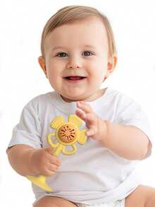 18M+ Sunflower Shaped Silicone Baby Teething Rattle Toy, Silicone Suction Cup Toy, Attaches To Tabletop