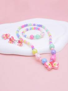 5pcs/Set Girls Cute Rainbow Pendant Beaded Necklace, Bracelet, Ring And Earrings, Lovely Jewelry Gift, Children Accessories (Bead Colors Random)