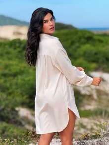 Plain Chemise Shirt Beach Cover-Up - Beige - View 2