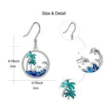 Summer Ocean Palm Tree Hollow Design Necklace & Earring Jewelry Set, Palm Tree, Sea Wave, Mother-Child Dolphin Pendant Necklace, Gift For Women, Girlfriend, Mom