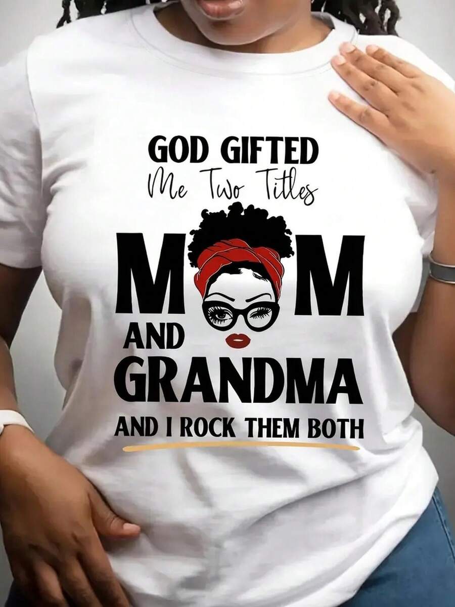 Loose Fit Women's 'Mom And Grandma' Pattern T-Shirt - Comfortable Casual Crew Neck Top With Inspirational Quotes, Perfect For All Seasons, Elegant Party Essential, Local Delivery - White - View 1