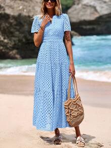 Women's Spring And Summer Maxi Dress Short Sleeve V Neck Hollow Out Eyelet A Line Long Flowy Wedding Guest Beach Vacation Dresses For Women - Màu xanh nhạt - Xem 3