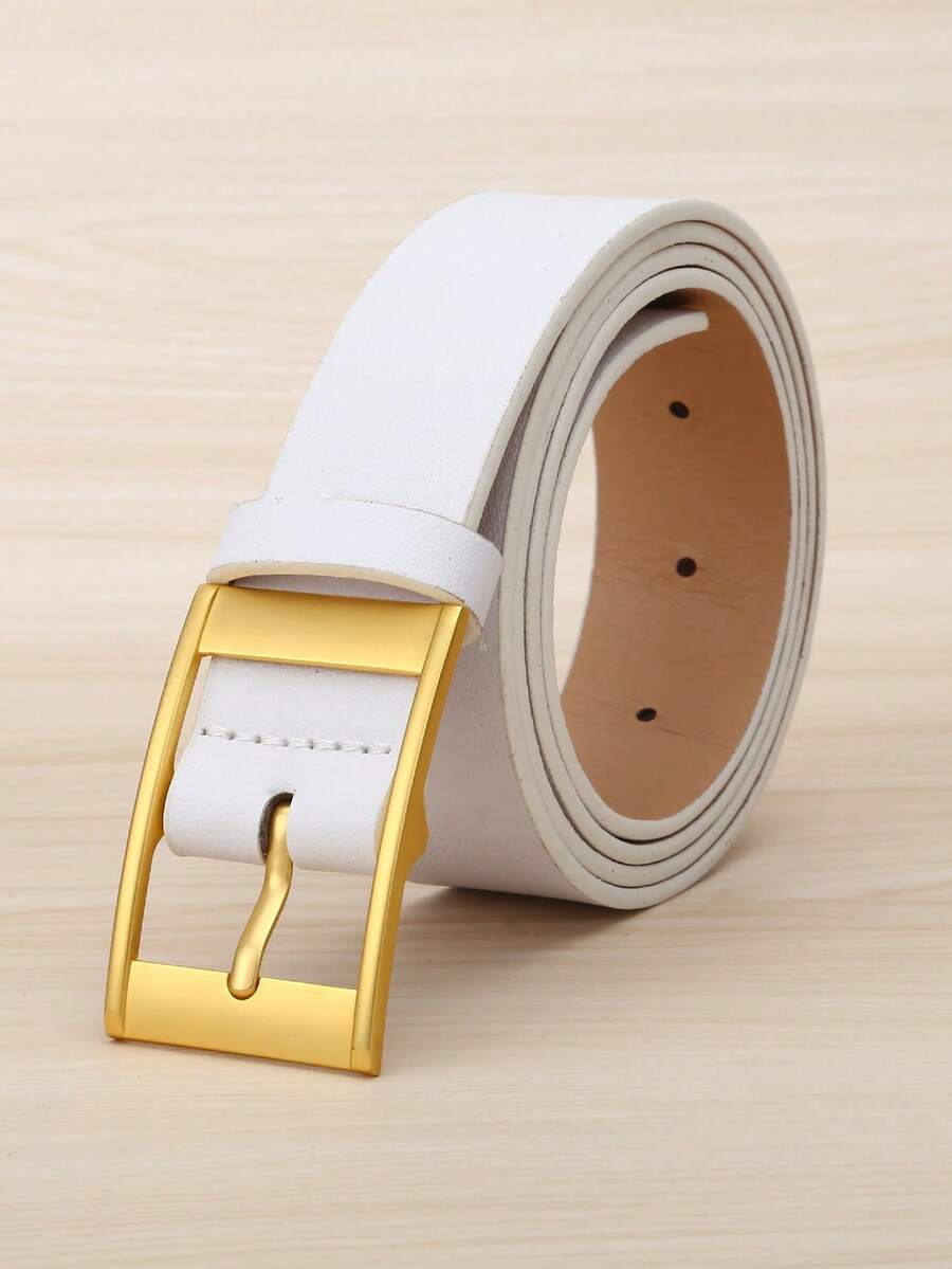 1pc Men's Gold Buckle Casual Belt, Rectangular PU White Waistband, Wedding Belt Summer, School Casual, Business, Boyfriend Husband Father Dad Men Gift, Daily Wear, Fashion, Teen, Outdoor, Vacation, Athletic, Travel, Street, Boho, Vintage Fall, Autumn, Halloween Autumn-Winter Accessories,Suitable For Teens, Youth,Men,Casual, Outdoor, Athletic, Vacation, Graduation Gifts, Birthday, Daily Wear - White - View 1