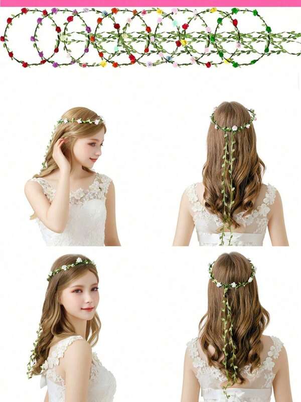 5pcs Vibrant Flower Crown & Fairy Wreath Kit - Colorful Floral Garland Headbands With Green Leaves For Women - Ideal For Weddings, Festivals, Holidays & Photography Props, Flower Decorations ﻿